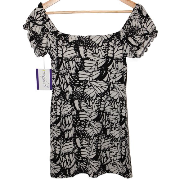NWOT Womens Urban Outfitters Black White Floral Short Sleeve Mini Dress Size M - Picture 2 of 5